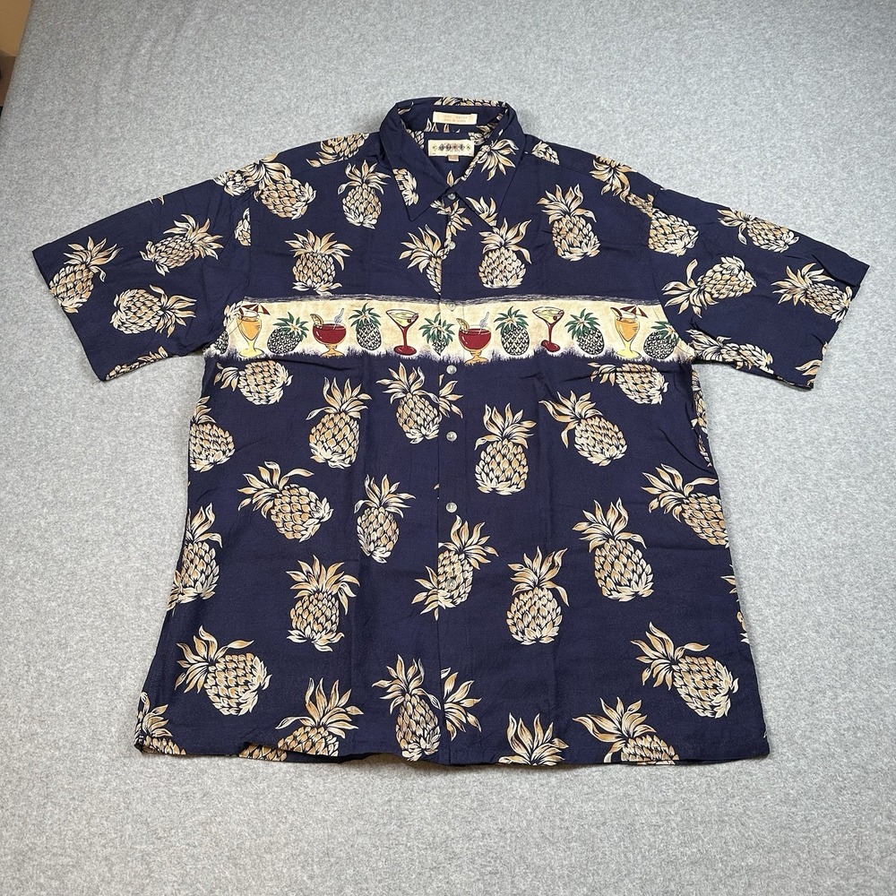 Vintage Campia Moda Hawaiian Shirt L Rayon Navy Pineapple Tiki Aloha Korea